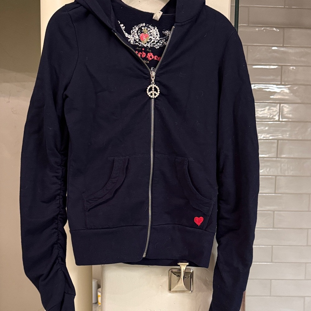 TWISTED HEART Dark Blue Hoodie with Peace Charm and Red Heart